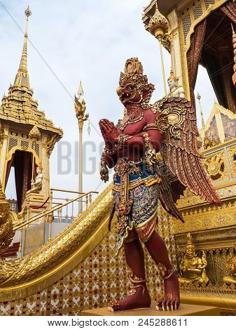 Bangkok Thailand, November 1, 2017 : The Red Garuda, Sculpture In The Royal Crematorium Of King Rama