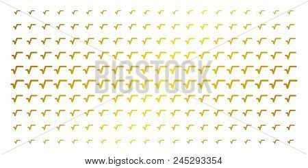 Sqrt Icon Golden Halftone Pattern. Vector Sqrt Items Are Arranged Into Halftone Grid With Inclined G