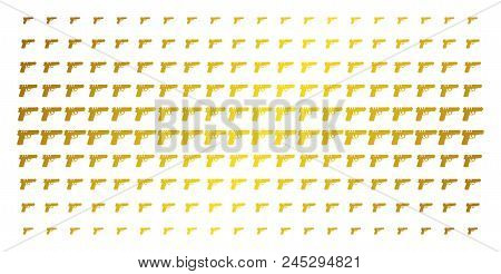 Pistol Gun Icon Gold Halftone Pattern. Vector Pistol Gun Symbols Are Organized Into Halftone Matrix 