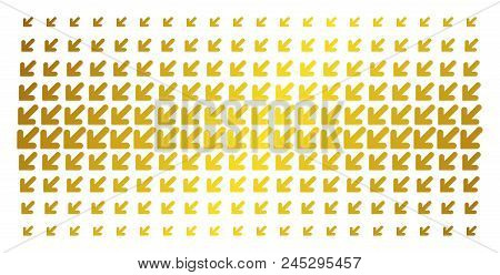 Arrow Down Left Icon Gold Halftone Pattern. Vector Arrow Down Left Shapes Are Arranged Into Halftone