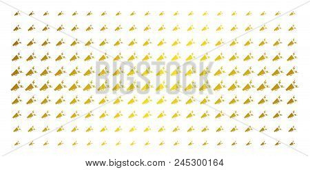 Alert Megaphone Icon Golden Halftone Pattern. Vector Alert Megaphone Items Are Arranged Into Halfton