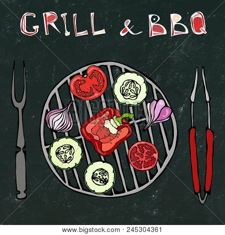 Black Board Background. Vegetarian Grill. Vegetable Bbq. Picnic And Barbeque Appliances Tongs And Fo
