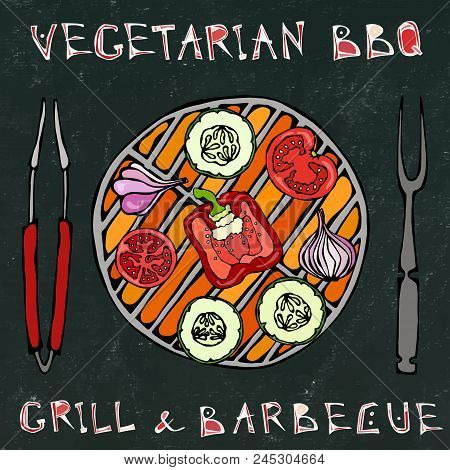 Black Board Background. Vegetarian Grill. Vegetable Bbq. Picnic And Barbeque Appliances Tongs And Fo