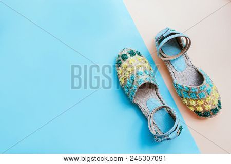 Summer Fashion Flatlay With Gradient Espadrille Sandals On The Two-toned Blue And Beige Background. 