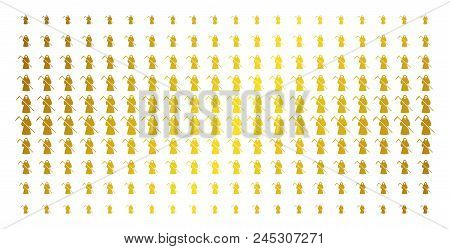 Death Scytheman Icon Gold Colored Halftone Pattern. Vector Death Scytheman Symbols Are Organized Int