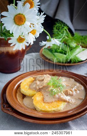 Potato Cutlets With Mushroom Sauce, Selective Focus