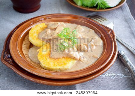 Potato Cutlets With Mushroom Sauce, Selective Focus
