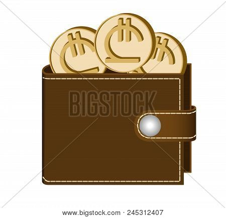 Brown  Wallet With Lari Coins On A White Background , Currency In The Wallet,sign And Symbol Currenc