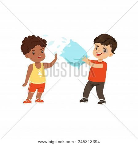 Brave Litlle Boy Trying To Stop The Bully Who Is Fighting With Pillow Vector Illustration Isolated O