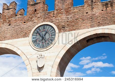 Old Clock Of The Medieval Porta Nuova, Gate To The Old Town Of Verona. Piazza Bra In Verona. Veneto 