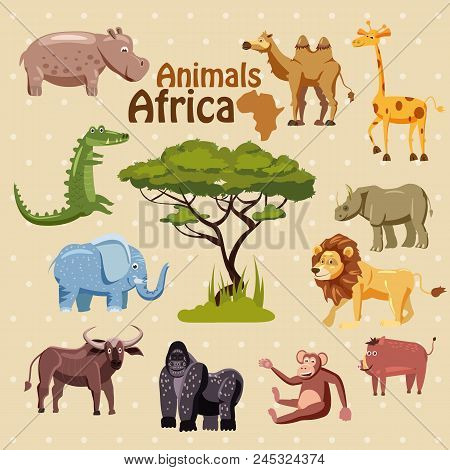 Set Of Cute African Animals Stickers, Cartoon Style, Isolated, Vector