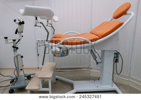 Workplace Gynecologist. Gynecological Chair, Doctor's Chair, Medical Lamp, Colposcope With Video Sys
