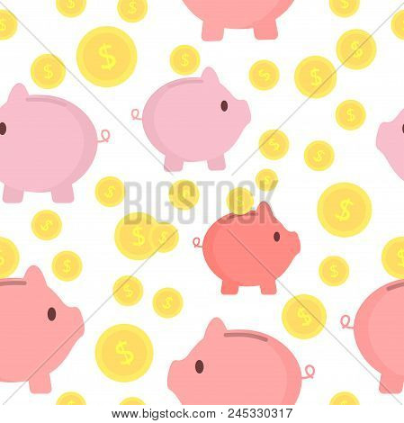 Piggy Bank With Coins Seamless Pattern. Interesting Design. Saving Money Or Open A Bank Deposit Conc
