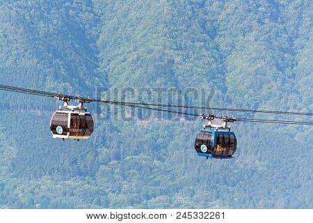 Hakone, Japan - May 17, 2018: Hakone Ropeway Cable Car Travelling In Owakudani Valley At Hakone, Jap
