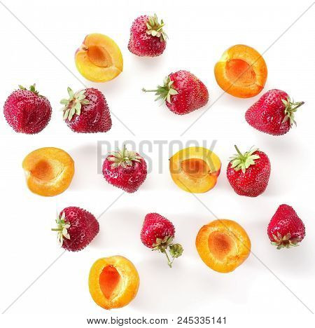 Berries: Strawberries, Blueberries, Apricot, Fruits On A White Background Top View