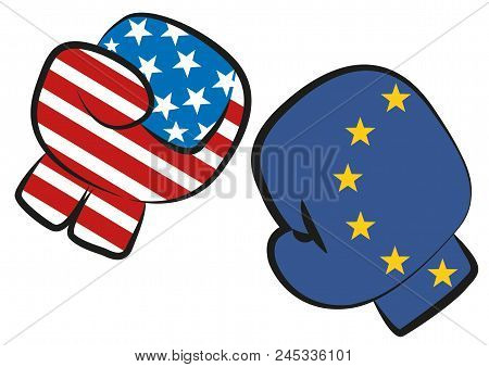 Usa Europe Trade War Confict Illustrated By A Boxing Match With Usa And Europe Flags In Boxing Glove