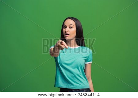 I Choose You And Order. The Smiling Business Woman Point You, Want You, Half Length Closeup Portrait