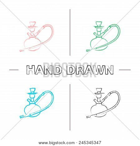 Hookah Hand Drawn Icons Set. Nargile. Color Brush Stroke. Isolated Vector Sketchy Illustrations