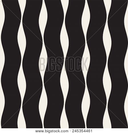 Vector Seamless Black And White Wavy Lines Simple Pattern. Abstract Geometric Background
