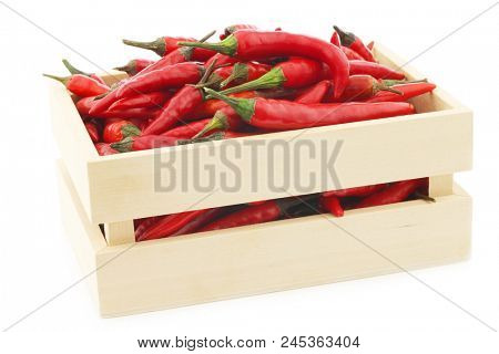 red rawit peppers  (Capsicum annuum 'Bird's Eye') in a wooden box on a white background