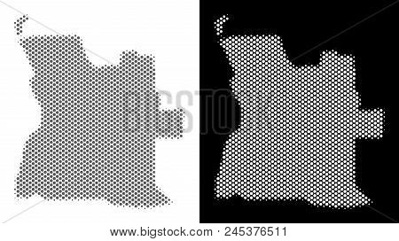 Halftone Circle Spot Angola Map. Vector Territory Maps In Gray And White Colors On White And Black B