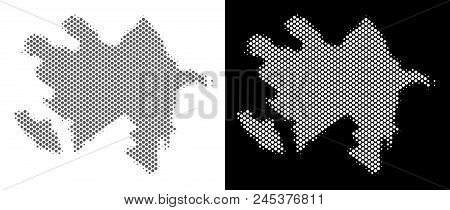 Halftone Circle Spot Azerbaijan Map. Vector Geographic Maps In Grey And White Colors On White And Bl