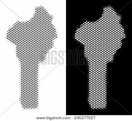 Halftone Circle Dot Benin Map. Vector Geographical Maps In Grey And White Colors On White And Black 