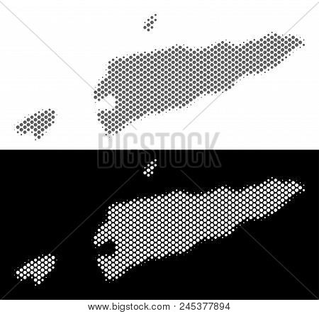 Halftone Circle Dot East Timour Map. Vector Geographic Maps In Gray And White Colors On White And Bl