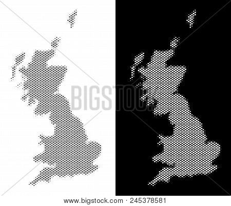 Halftone Round Dot Great Britain Map. Vector Territory Maps In Gray And White Colors On White And Bl