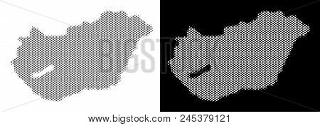Halftone Circle Spot Hungary Map. Vector Geographical Maps In Gray And White Colors On White And Bla