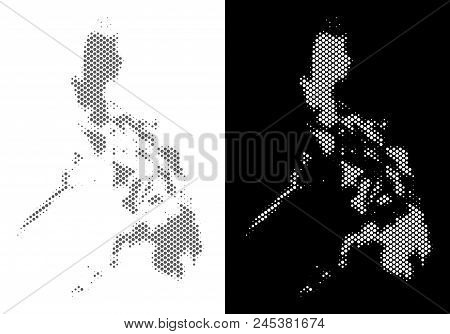 Halftone Round Blot Philippines Map. Vector Geographical Maps In Grey And White Colors On White And 
