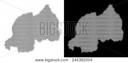 Halftone Round Blot Rwanda Map. Vector Geographical Maps In Gray And White Colors On White And Black
