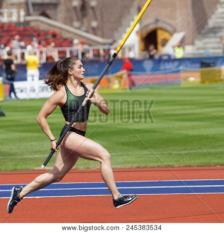 Stockholm, Sweden - Jun 10, 2018: Nikoleta Riakopoulou (greece) Jumping In The Pole Vault Competitio