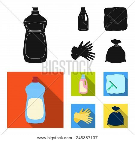 Gel For Washing In A Pink Bottle, Yellow Gloves For Cleaning, A Brush For Glass, A Black Bag For Gar