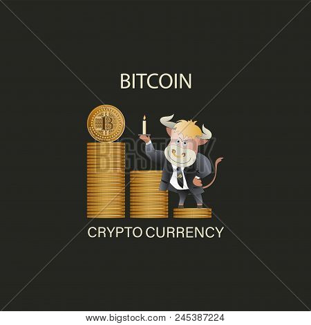 Bull Businessman Demonstrates Bitcoin Growth. The Trader. Cryptography, An Illustration Of Financial
