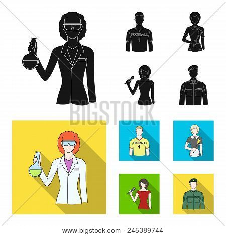 Woman Chemist, Football Player, Hotel Maid, Singer, Presenter.profession Set Collection Icons In Bla
