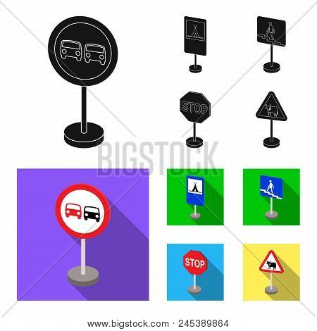 Different Types Of Road Signs Black, Flat Icons In Set Collection For Design. Warning And Prohibitio