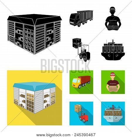 Truck, Courier For Delivery Of Pizza, Forklift, Storage Room. Logistics And Delivery Set Collection 