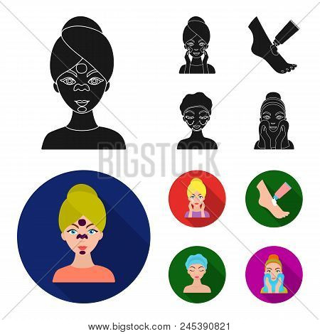 Face Care, Plastic Surgery, Face Wiping, Moisturizing The Feet. Skin Care Set Collection Icons In Bl