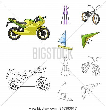 Motorcycle, Mountain Skiing, Biking, Surfing With A Sail.extreme Sport Set Collection Icons In Carto