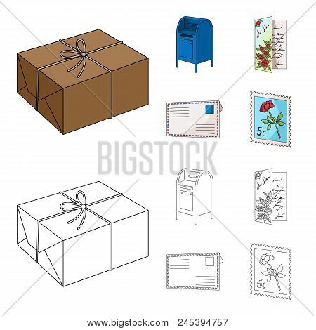 Mailbox, Congratulatory Card, Postage Stamp, Envelope.mail And Postman Set Collection Icons In Carto