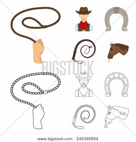 Hand Lasso, Cowboy, Horseshoe, Whip. Rodeo Set Collection Icons In Cartoon, Outline Style Vector Sym