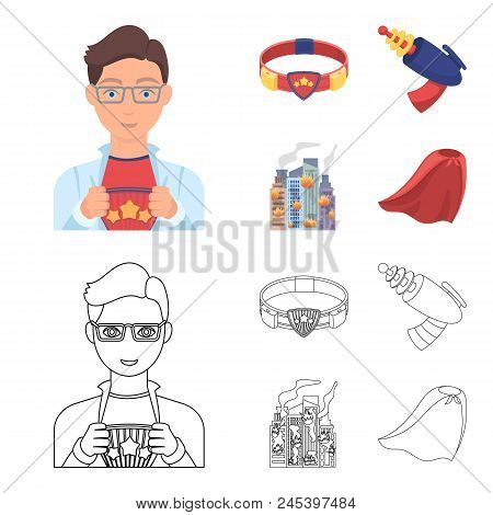 Man, Young, Glasses, And Other  Icon In Cartoon, Outline Style. Superman, Belt, Gun Icons In Set Col
