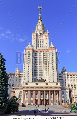 Moscow, Russia - June 02, 2018: Lomonosov Moscow State University (msu) At Sunny Summer Evening Agai
