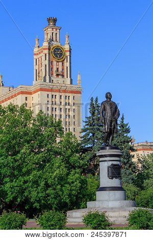 Moscow, Russia - June 02, 2018: Monument To Lomonosov Against Building Of Moscow State University (m