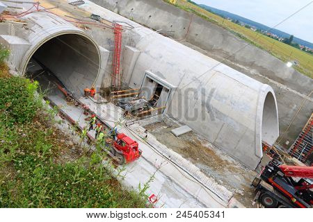 PILSEN / CZECH REPUBLIC - JUNE 14, 2018: Tunnel boring machine at railroad construction site. Building of new high speed track to Germany.
