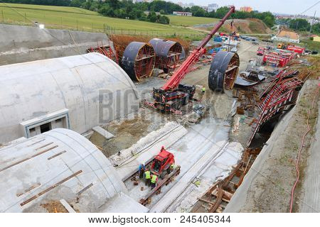 PILSEN / CZECH REPUBLIC - JUNE 14, 2018: Tunnel boring machine at railroad construction site. Building of new high speed track to Germany.
