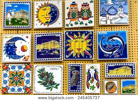 Athens, Greece - March 5, 2018 Greek Ceramic Designs Magnets, Parthenon Athens Greece
