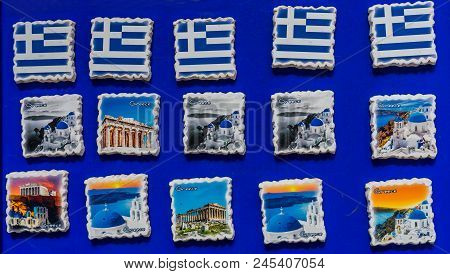 Athens, Greece - March 5, 2018 Greek Ceramic Designs Greek Flags Locations Magnets Parthenon Athens 