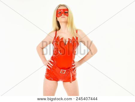 Lady Sexi Dressed As Demon, Devil, White Background. Sexy Devil Concept. Woman On Strict Face Play R